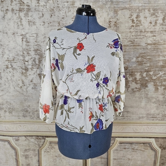 Vintage 1970s Sheer Blouse Ivory Floral Top Peplum 3/4 Sleeves Purple Red - Picture 3 of 8